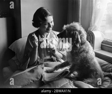 Elisabeth Astell , la stella dello schermo e del palcoscenico e il suo cane da compagnia Bob . Ora sta recuperando da un'operazione per appendicite . 7 marzo 1936 Foto Stock