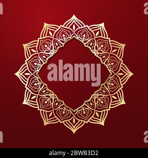 Sfondo di lusso con cornice in oro. Cornice 3D in stile arabo e ornamento etnico su sfondo rosso Illustrazione Vettoriale
