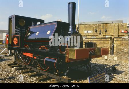 Locomotiva a vapore, GER n. 229on, Coffee Pot, esposizione presso l'ex North Woolwich Old Station Museum, Londra, Inghilterra, Regno Unito. Circa anni 80 Foto Stock