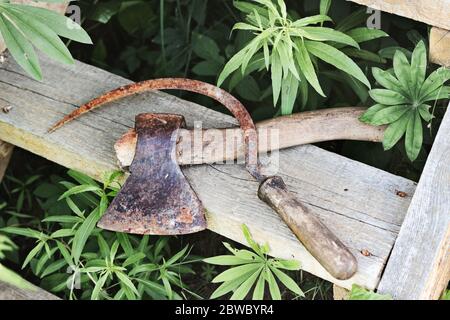Falce arrugginita e l'ascia da banco sono sulle scale di legno all'aperto, concetto Foto Stock