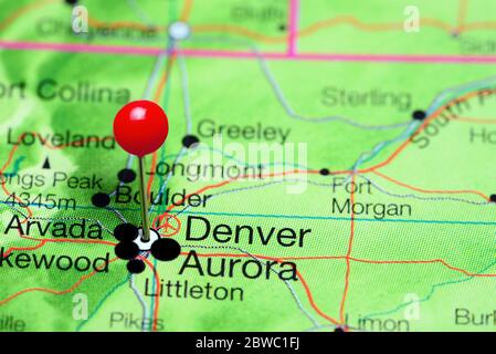 Denver è stato inserito su una mappa del Colorado, Stati Uniti Foto Stock
