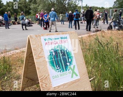 Amburgo, Germania. 31 maggio 2020. I partecipanti ad un raduno per la conservazione della foresta di Vollhöfner nel distretto di Altenwerder si uniscono. In primo piano è un segno con l'iscrizione 'Vollhöfner Wald abholzen? Non sarà nulla». Credit: Daniel Bockwoldt/dpa/Alamy Live News Foto Stock