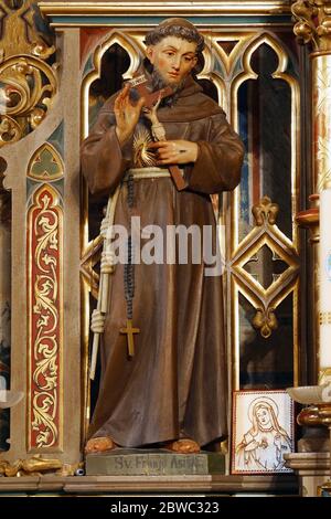 San Francesco d'Assisi, statua sull'altare cuore Immacolato di Maria nella chiesa parrocchiale di San Giuseppe a Grubisno Polje, Croazia Foto Stock