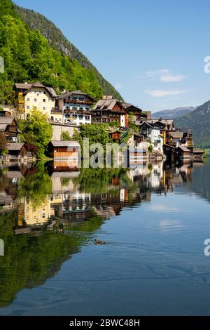 Österreich, Oberösterreich, Hallstatt, Blick vom Süden auf den Ort und die Bootshäuser am See Foto Stock