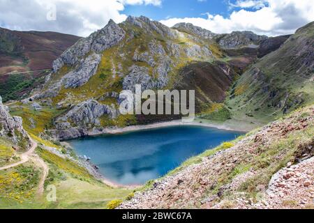 Lago di montagna Cueva nel parco nazionale di Somiedo, Spagna, Asturie. Laghi glaciali di Saliencia. Vista dall'alto dal punto di vista. Fiori gialli. Foto Stock