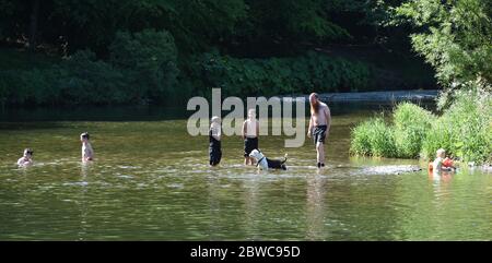 Peebles Scottish Borders, Regno Unito .31 maggio 20 . Sole sull'Hay Lodge Park, i visitatori e la gente del posto godono del bel tempo nuotando e facendo un picnic vicino al fiume Tweed. Credit: eric mcowat/Alamy Live News Foto Stock