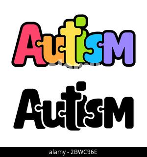 Autismo testo scritta in stile cartoon, jigsaw puzzle simbolo. Colori dello spettro arcobaleno e illustrazione vettoriale in bianco e nero. Illustrazione Vettoriale