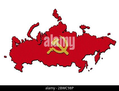 Mappa stilizzata dell'URSS con martello e falce, simbolo della Russia comunista. Motivo stile punto pixel. Illustrazione vettoriale isolata. Illustrazione Vettoriale