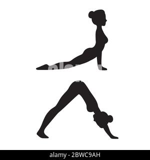 Cane rivolto verso il basso (Adho mukha svanasana) e verso l'alto cane (Urdhva mukha svanasana) yoga posa. Giovane donna sottile in asana yoga, semplice nero e. Illustrazione Vettoriale