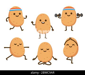 Carino lettino di patate fitness personaggio set di illustrazione. Divertente jogging di patate e sollevamento manubri, facendo yoga e meditando. Cardio, forza Illustrazione Vettoriale