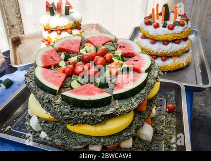 Luoyang, Cina. 29 maggio 2020. Un custode al parco wangcheng a luoyang, provincia di henan, ha trascorso tre giorni facendo dolci vacanze per piccoli animali per celebrare il 1 giugno. 1 giugno sta arrivando la giornata dei bambini, wangcheng parco zoo ha un sacco di piccoli animali, per dare ai piccoli animali una giornata speciale bambini, secondo il gusto di diversi animali, custodi ultimi tre giorni per pianificare, fatto diversi tipi di torta per piccoli animali come regali di vacanza. Credit: ZUMA Press, Inc./Alamy Live News Foto Stock