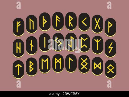 Insieme di vecchie rune norreno, alfabeto runico, Futhark. Antichi simboli occulti in stile piatto.Vector Illustrazione Vettoriale