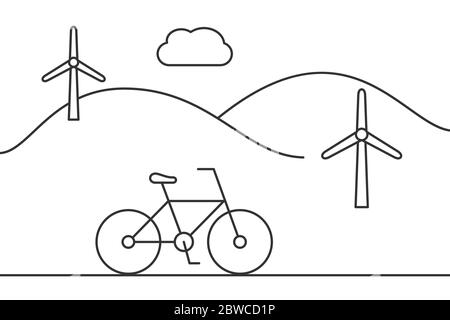 Bicicletta con le icone delle linee delle turbine eoliche. Paesaggio con colline e mulini a vento. Energia verde e stile di vita sostenibile. Contorno nero su bianco Illustrazione Vettoriale