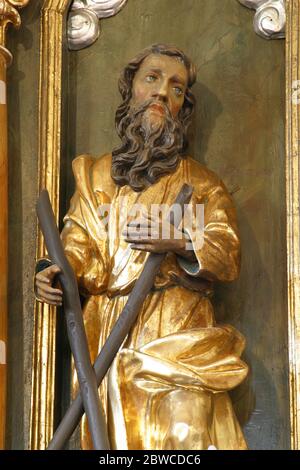 Sant'Andrea, statua sull'altare maggiore nella chiesa parrocchiale di San Pietro in Sveti Petar Mreznicki, Croazia Foto Stock