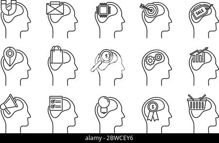 Set di icone di neuromarketing emotivo. Insieme di icone vettoriali emotive di neuromarketing per il web design isolato su sfondo bianco Illustrazione Vettoriale