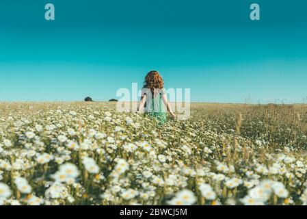 donna sulla schiena a braccia aperte in un campo di margherite Foto Stock