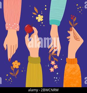 Mani dipinte in stile piatto in vari colori con e senza oggetti. Mani allungate. Illustrazione Vettoriale