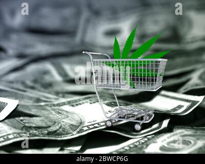 Foglia di marijuana in un carrello. Dollari USA Foto Stock