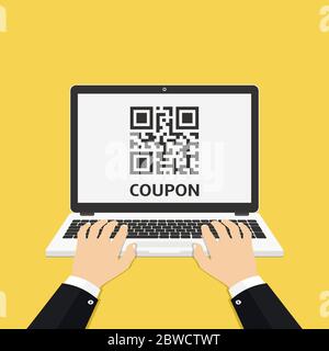 L'uomo passa a mani utilizzando un computer portatile con codice QR buono sullo schermo. Illustrazione vettoriale. Illustrazione Vettoriale