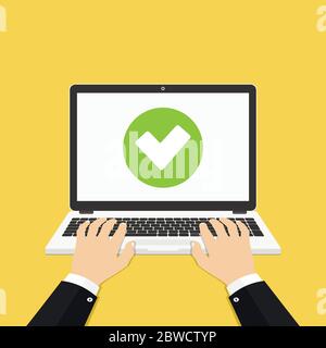 Computer portatile con segno di spunta. Mani sul computer portatile. Illustrazione vettoriale. Illustrazione Vettoriale