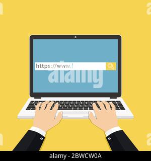 Illustrazione vettoriale concettuale delle mani dell'uomo che utilizzano il laptop per la ricerca nel browser Web. Design piatto. Illustrazione Vettoriale