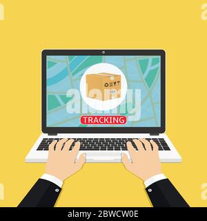 L'uomo si lancette usando un computer portatile per il tracciamento dei pacchi online. Design piatto Illustrazione Vettoriale