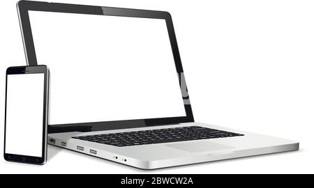 Computer portatile e smartphone con schermo vuoto isolato su sfondo bianco Illustrazione Vettoriale