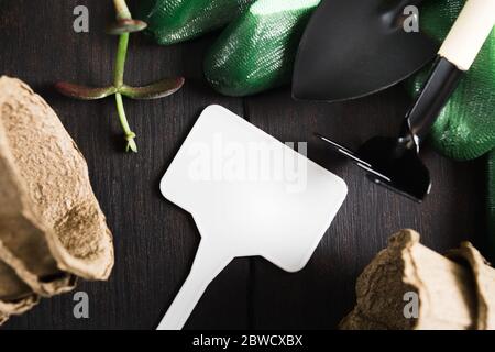 Etichetta di plastica per testo per giardino. Concetto di Home Gadening. Spazio di copia Foto Stock