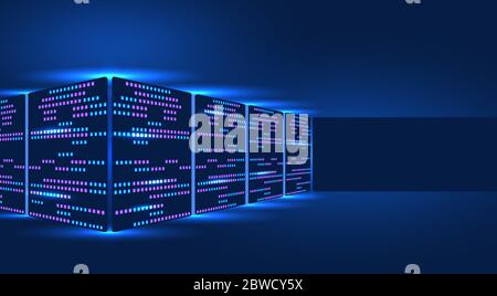 Rack per server, tecnologia blockchain, data center, concetto di storage cloud e scambio di dati. Luogo per la pubblicità. Illustrazione vettoriale Illustrazione Vettoriale
