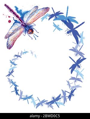 Flying Purple Watercolor Dragonflies sfondo verticale Illustrazione Vettoriale