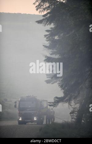 Maesteg, Galles, 31 maggio 2020. Il personale del servizio antincendio lavora fino a tarda sera per combattere un grande incendio nella foresta a Maesteg, nel Galles del Sud. Gli equipaggi di tutta la regione e un elicottero hanno preso le fiamme per 24 ore per portarle sotto controllo mentre diversi incendi infuriavano in tutta la zona: Ha portato alla fine del maggio più arido da quando i record sono iniziati 124 anni fa. Credit : Robert Melen/Alamy Live News. Foto Stock