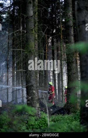 Maesteg, Galles, 31 maggio 2020. Il personale del servizio antincendio lavora fino a tarda sera per combattere un grande incendio nella foresta a Maesteg, nel Galles del Sud. Gli equipaggi di tutta la regione e un elicottero hanno preso le fiamme per 24 ore per portarle sotto controllo mentre diversi incendi infuriavano in tutta la zona: Ha portato alla fine del maggio più arido da quando i record sono iniziati 124 anni fa. Credit : Robert Melen/Alamy Live News. Foto Stock