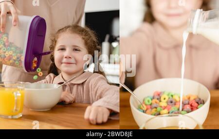 collage di madre che tiene contenitore con i fiocchi di mais deliziosi e versando il latte vicino figlia carina Foto Stock