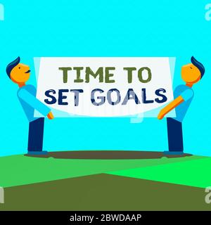 Il simbolo di testo indica il tempo per impostare gli obiettivi. Business foto testo suggerimenti per la gestione iniziare l'addestramento eliminare le cattive abitudini due uomini in piedi che trasportano Bla rettangolare Foto Stock