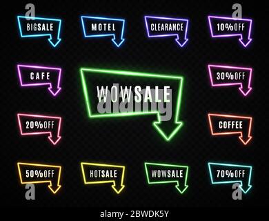 Vendita retro cartello al neon su sfondo trasparente. Indicatore a freccia luminoso con testo a sconto. Elemento di progettazione per banner volantini pubblicitari Illustrazione Vettoriale