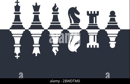 Pezzi di scacchi set di icone in bianco e nero illustrazione vettoriale. Sei oggetti compresi King, Queen, Vescovo, Cavaliere, Rook, pegno. Scacchi set di icone. Illustrazione Vettoriale