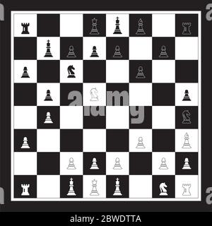 Giocare a scacchi gioco di bianco e nero con bordo di scacchi. Figure di Scacchi re, la Regina, il Vescovo, Cavaliere, Rook, pegno. Scacchiera illustrazione. Illustrazione Vettoriale