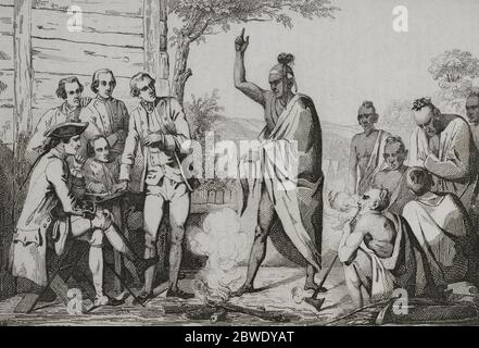 Estados Unidos. Consejo de nativos americanos y conquistadores, reunidos alrededor de un fuego. Grabado por Vernier. Panorama universale. Historia de los Estados Unidos de América, por Roux de Rochelle. Edición española, impresa en Barcellona it 1850. Foto Stock