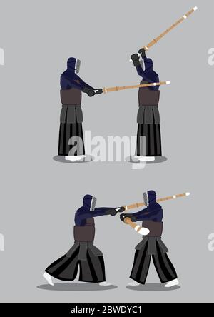 I professionisti del kendo sparring in azione. Due serie di illustrazioni vettoriali isolate su sfondo grigio. Illustrazione Vettoriale