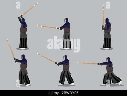 Insieme di sei uomini icona vettore nella vista profilo praticare kendo, una moderna arte marziale giapponese che utilizza la spada di bambù. Illustrazione Vettoriale