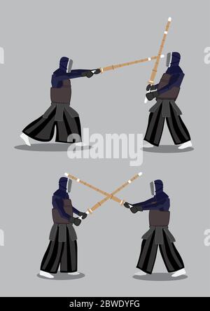Illustrazione vettoriale di due personaggi che indossano abiti e maschere di protezione neri nell'allenamento di Kendo. Illustrazione Vettoriale
