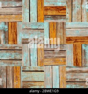 Pavimento in legno con elementi quadrati. Struttura di vecchie tavole di legno di colore marrone e pannelli verniciati blu. Può essere usata una texture infinita Foto Stock