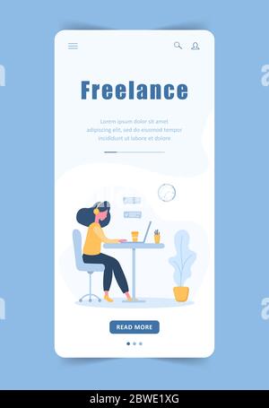 Donna freelance. Modello pagina di destinazione. Ragazza in cuffia con un computer portatile seduto al tavolo. Sfondo mobile. Illustrazione concettuale per lo studio Illustrazione Vettoriale