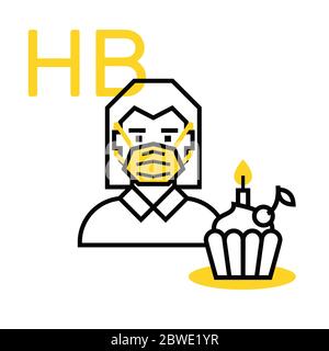 Concetto di compleanno durante l'isolamento sociale e coronavirus. Donna in maschera con cupcake isolato su sfondo bianco. Illustrazione Vettoriale