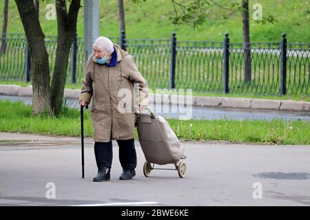 Donna anziana in maschera che cammina con un cane e una borsa a rotolamento su una strada della città. Concetto di anziani durante la pandemia di covid-19 Foto Stock