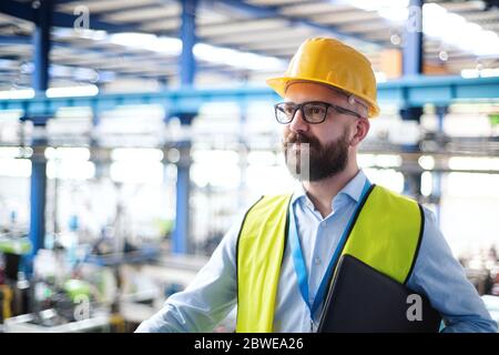 Tecnico o ingegnere con casco in piedi in fabbrica industriale. Foto Stock