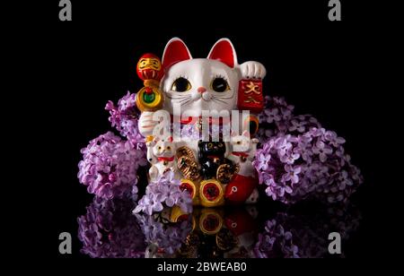 Simbolo giapponese di buona fortuna gatto neko maneki incorniciato da fiori lilla rosa su sfondo nero con riflessione Foto Stock