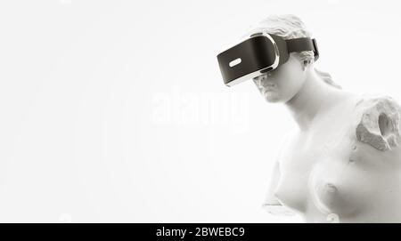 Visore VR, banner di concetto di tecnologia futura. rendering 3d della statua bianca, donna che indossa occhiali per realtà virtuale su sfondo bianco. Giochi VR. Che Foto Stock