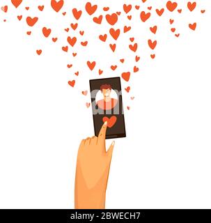 Vettore piatta illustrazione di mano umana che dà amore e swiping a destra su app di datazione. Romantico e amatore in smartphone. Chat e incontri online Illustrazione Vettoriale
