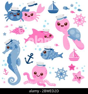 Piccoli animali marini che nuotano sotto il mare. Set di illustrazioni nautiche e marinaresche con simpatici animali marini e pesci. Foto Stock